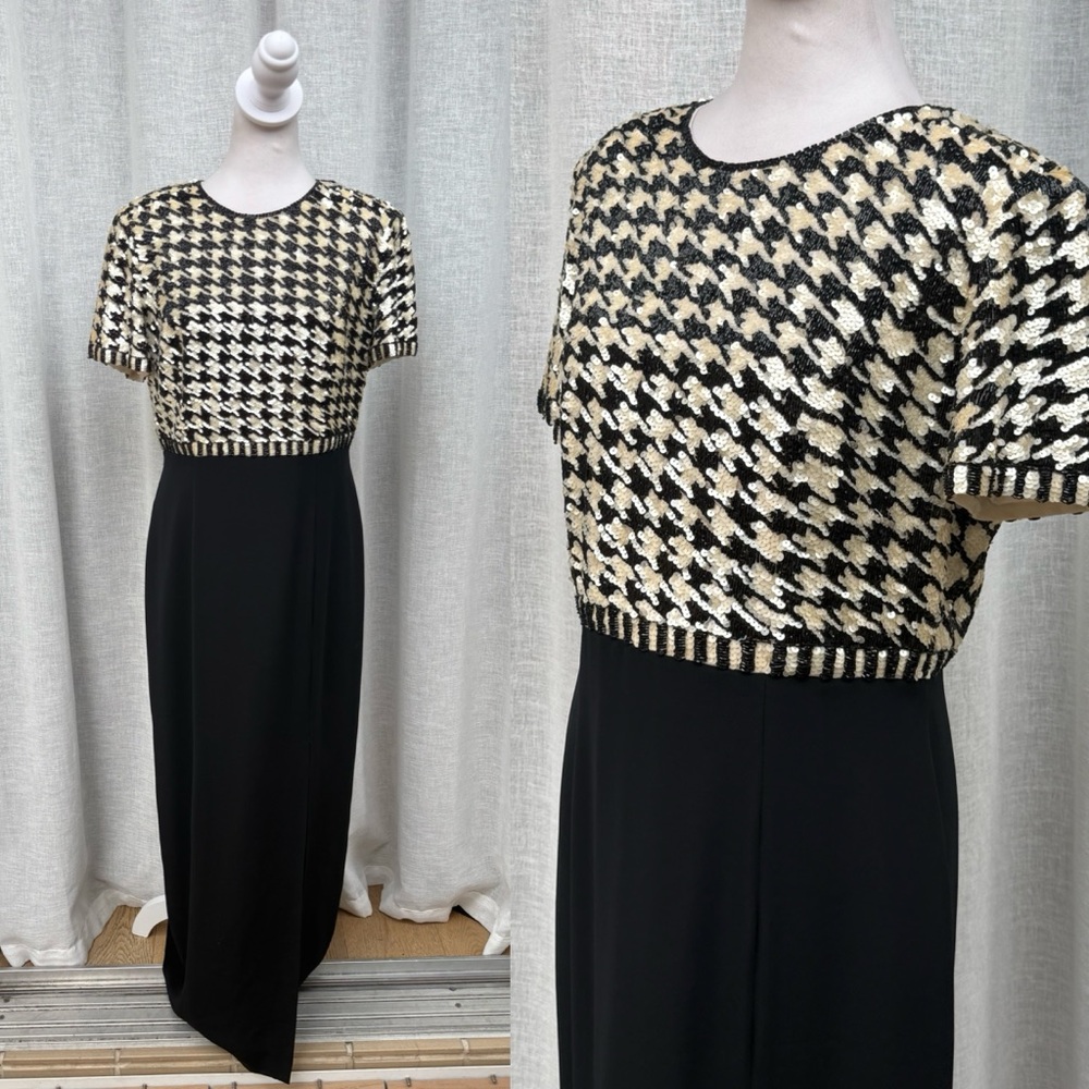 Niteline Della Roufogali black white sequin houndstooth pattern top maxi dress